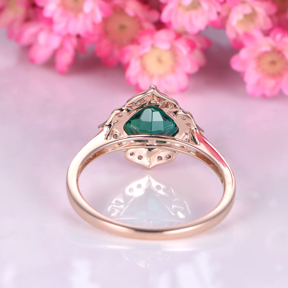 Emerald engagement ring 7mm cushion cut lab created emerald ring floral diamond halo diamond wedding band 14k rose gold anniversary ring