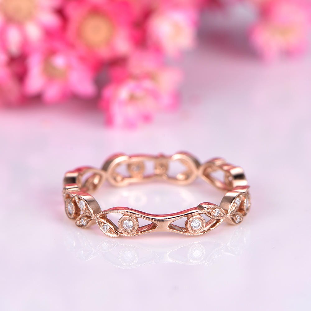 Floral diamond wedding band rose gold full eternity wedding ring infinity stacking matching band bridal ring anniversary Christmas gift