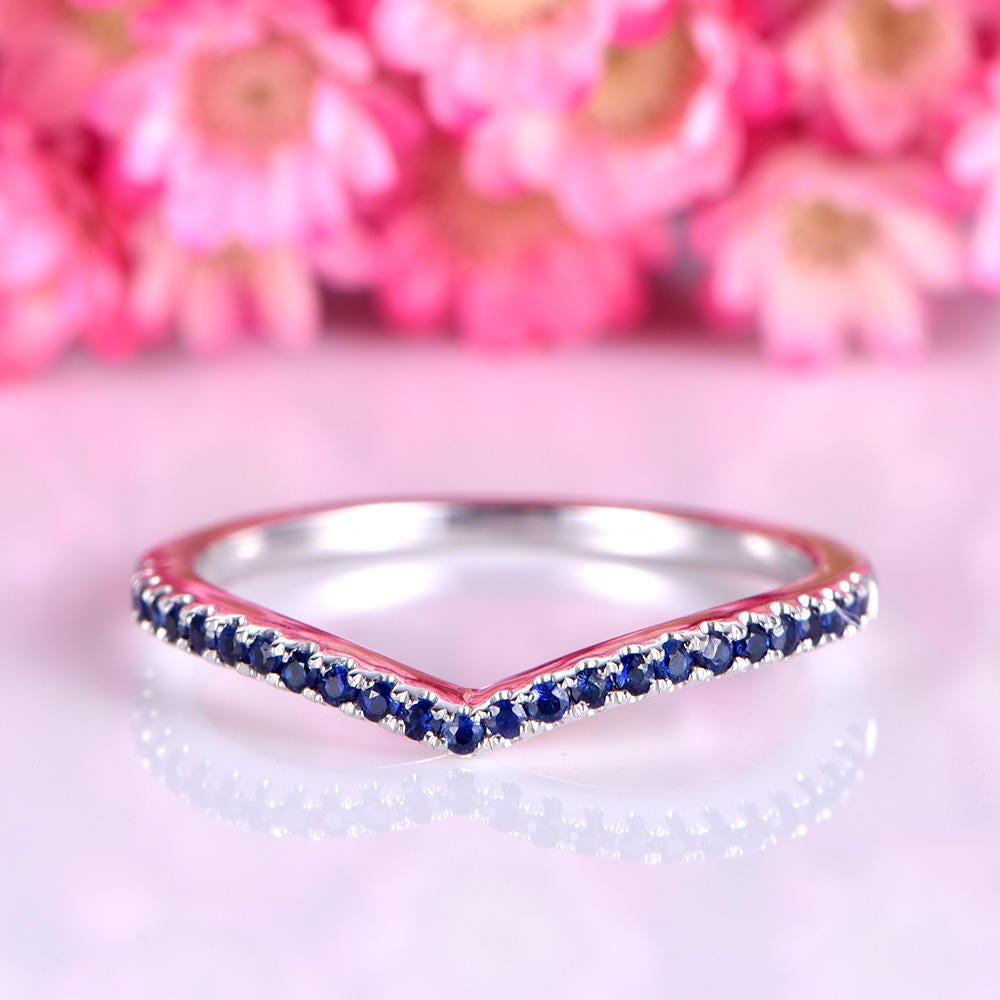 Sapphire ring sapphire wedding band V shape 14k white gold matching band natural 0.15ct gemstone bridal promise ring custom jewelry