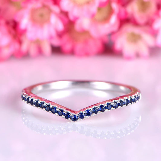 Sapphire ring sapphire wedding band V shape 14k white gold matching band natural 0.15ct gemstone bridal promise ring custom jewelry