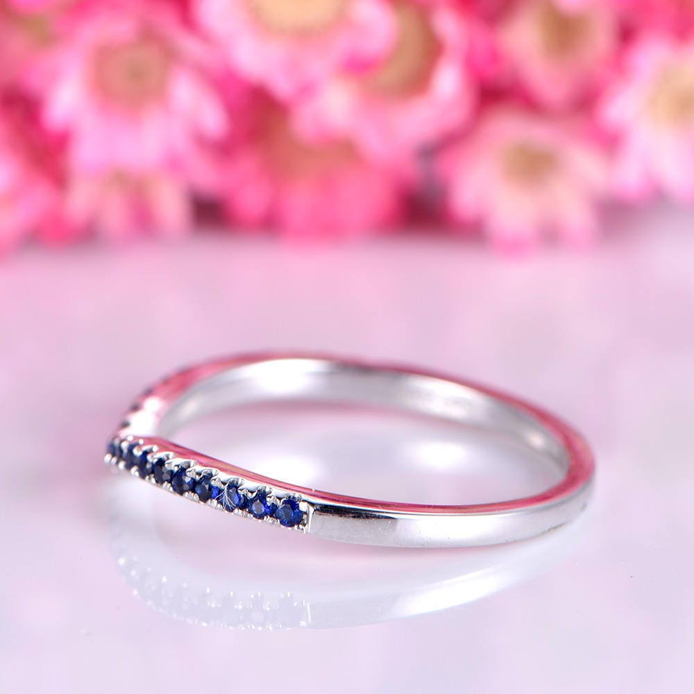 Sapphire ring sapphire wedding band V shape 14k white gold matching band natural 0.15ct gemstone bridal promise ring custom jewelry