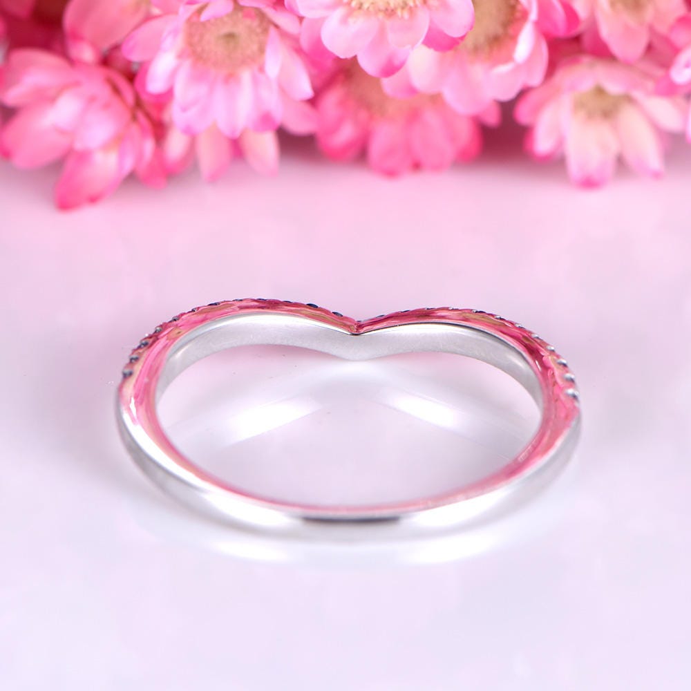 Sapphire ring sapphire wedding band V shape 14k white gold matching band natural 0.15ct gemstone bridal promise ring custom jewelry