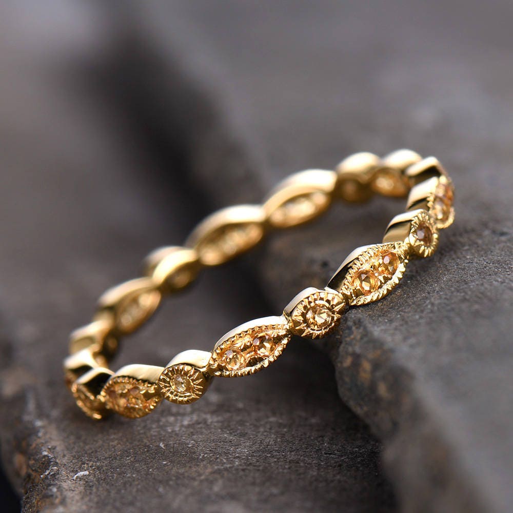 Art Deco Citrine Wredding Ring Dainty Stackable Ring Matching Band Citrine Ring Gold Plated Sterling Silver Anniversary Ring Marquise