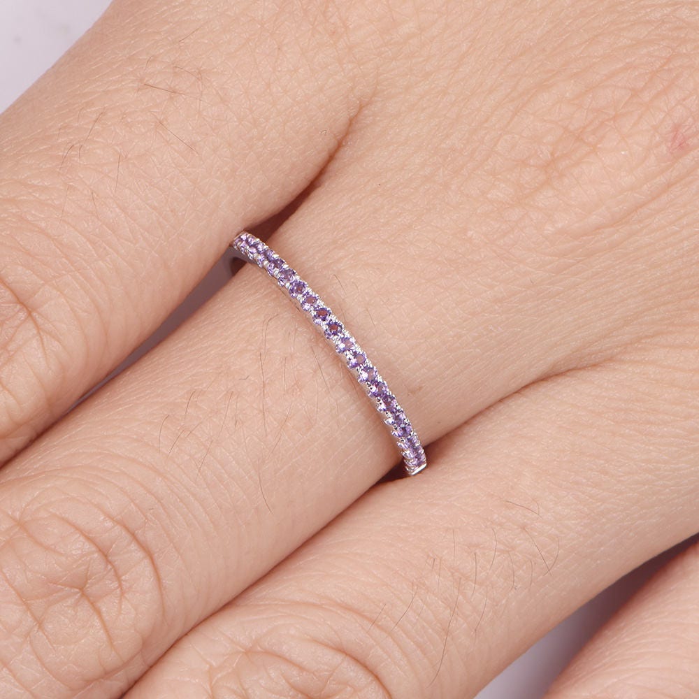 Amethyst ring half eternity amethyst wedding band 14k white gold matching band pave set natural gemstone delicate petite ring