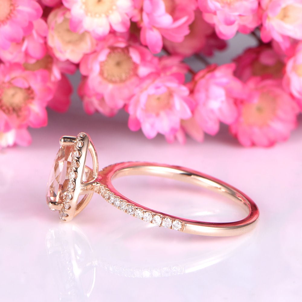 Morganite engagement ring 6x8 pearl shape morganite ring real diamond wedding thin band solid 14k rose gold promose ring customized