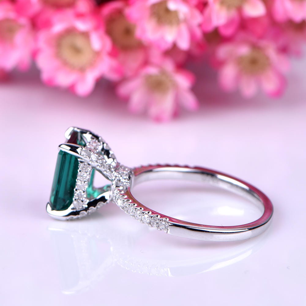 Emerald engagement ring 6x8mm emerald-cut lab created emerald ring real diamond wedding band diamond setting 14k rose gold birthstone ring