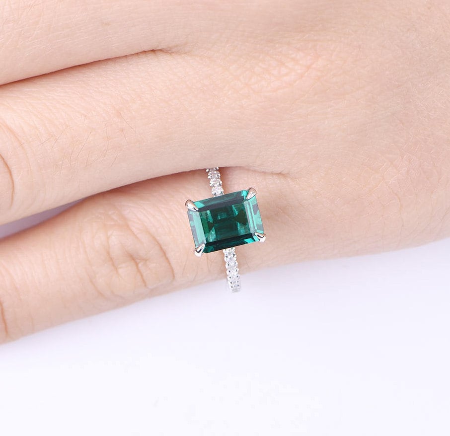 Emerald engagement ring 6x8mm emerald-cut lab created emerald ring real diamond wedding band diamond setting 14k white gold birthstone ring