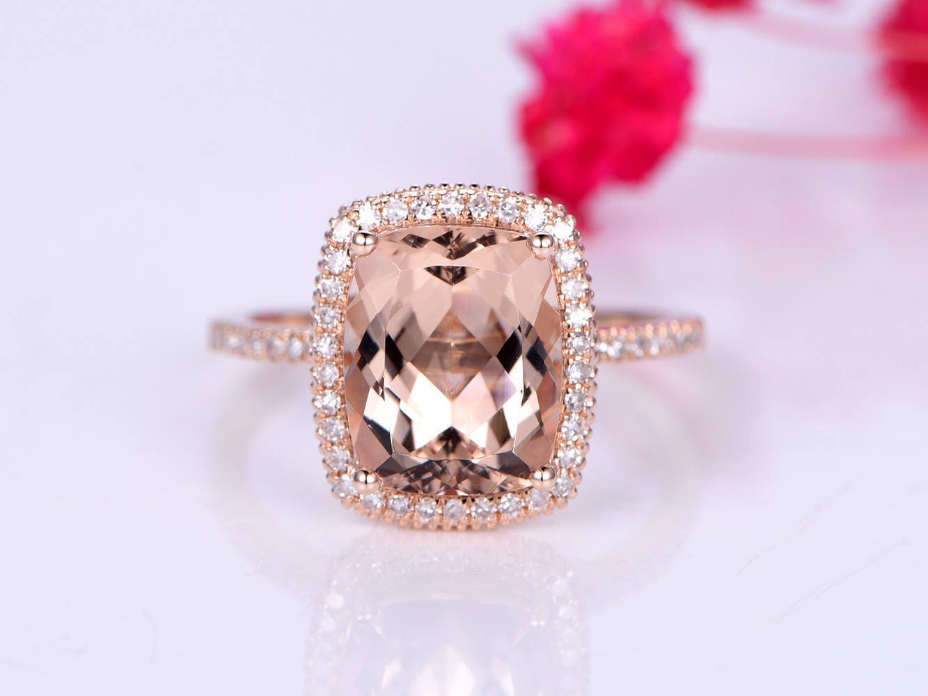 Payment plan for Rae's custom order, switch the main stone to 8mm cushion morganite, diamond as the side stones, 14k rose gold, 2nd payment.
