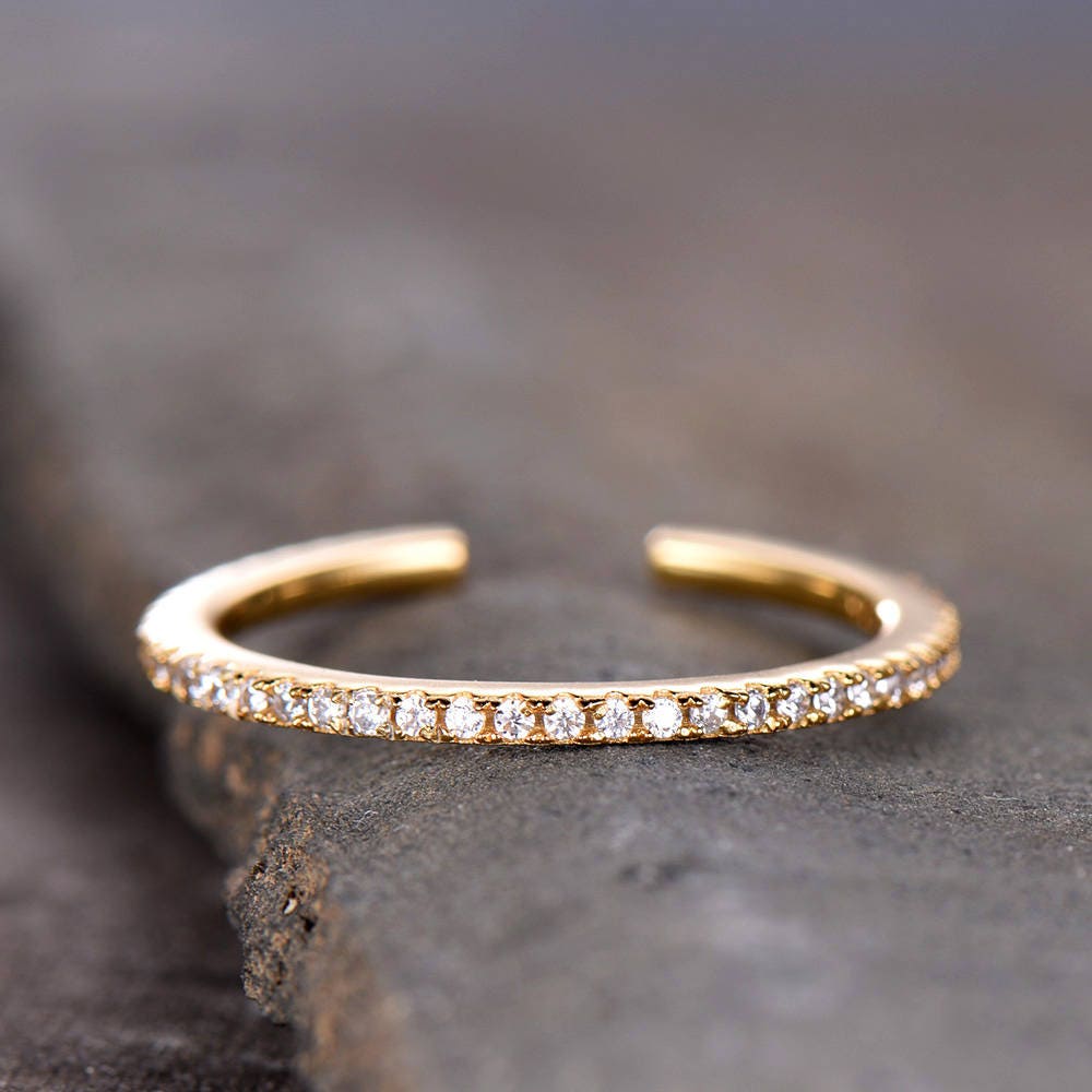 Unique Wedding Ring Open Ring Eternity Band Stacking Ring CZ Wedding Band Sterling Silver Matching Band Yellow Gold Plated
