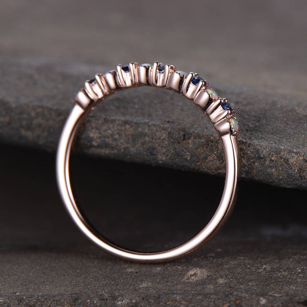 Opal Wedding Ring Opal Sapphire Wedding Band Half Eternity Matching Band Rose Gold Plated Sterling Silver 10K/14K Rose Gold Anniversary Ring