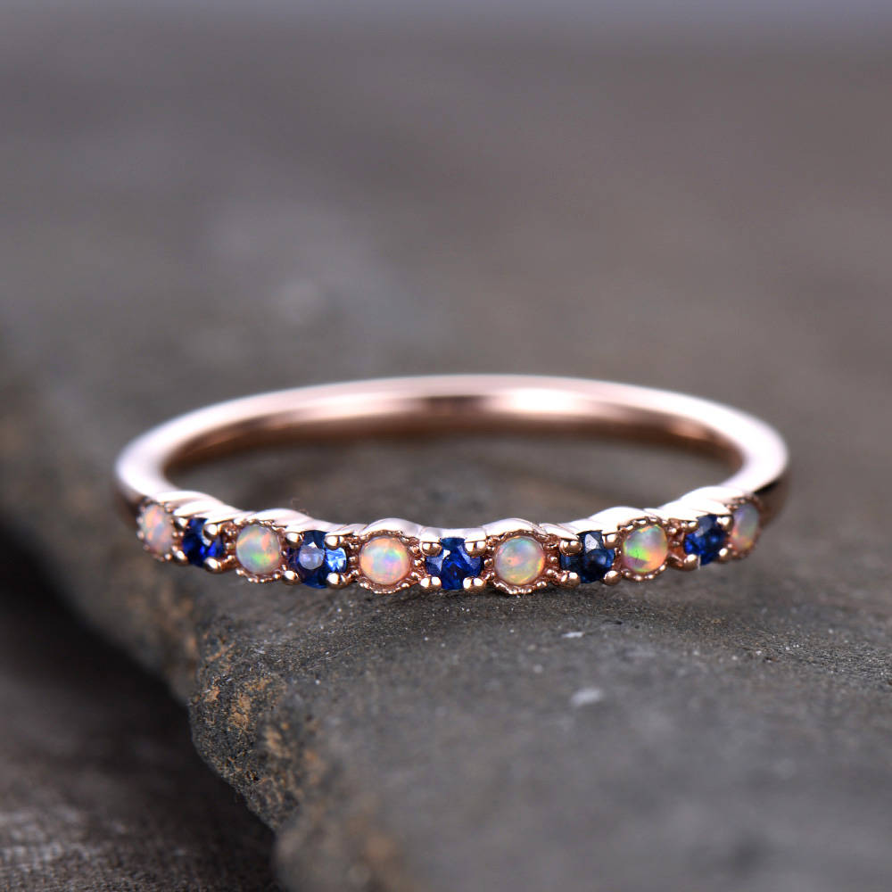 Opal Wedding Ring Opal Sapphire Wedding Band Half Eternity Matching Band Rose Gold Plated Sterling Silver 10K/14K Rose Gold Anniversary Ring