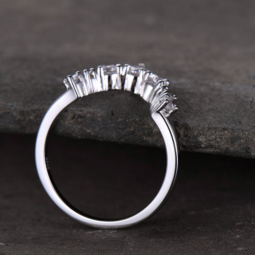 Crown Wedding Band Curve Wedding Band with Man Made Diamonds Stackable Anniversary Ring CZ Chevron Ring Sterling Silver White Gold Plated