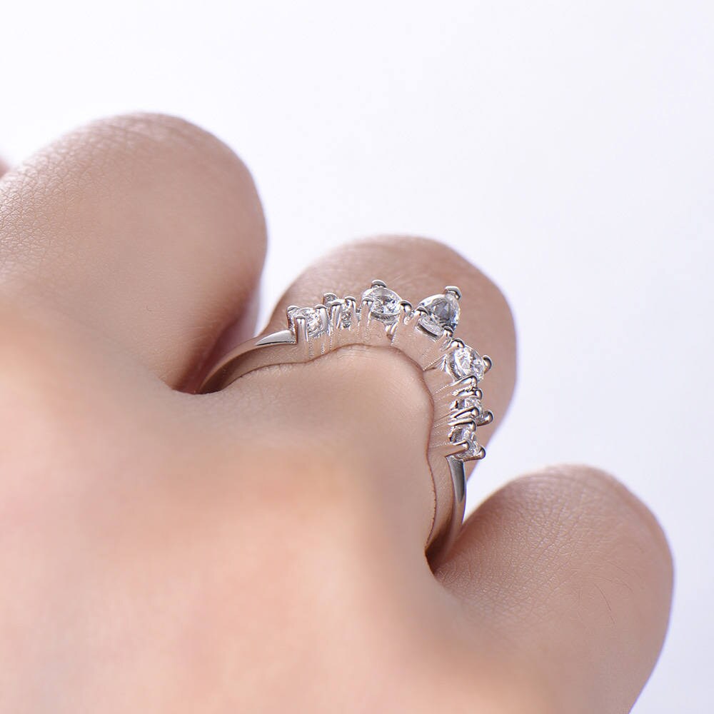 Crown Wedding Band Curve Wedding Band with Man Made Diamonds Stackable Anniversary Ring CZ Chevron Ring Sterling Silver White Gold Plated
