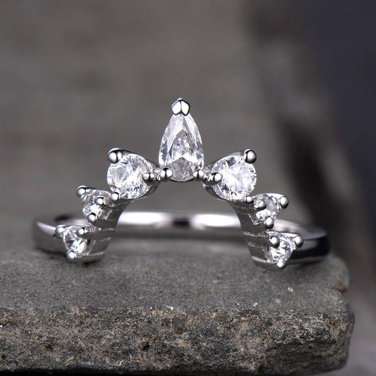 Crown Wedding Band Curve Wedding Band with Man Made Diamonds Stackable Anniversary Ring CZ Chevron Ring Sterling Silver White Gold Plated