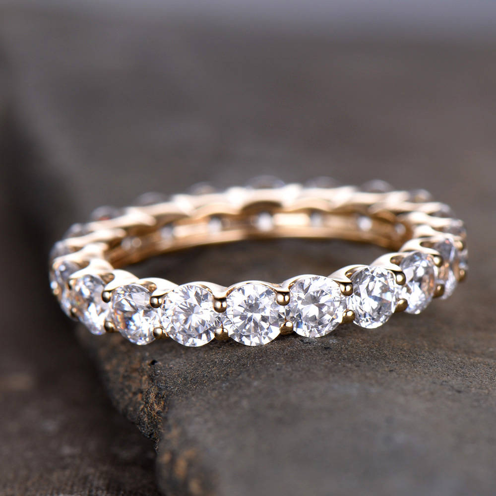 CZ Diamond Wedding Band Full Eternity Matching Band Stackable Anniversary Ring 3mm Round Cut Gemstone Sterling Silver Yellow Gold Plated