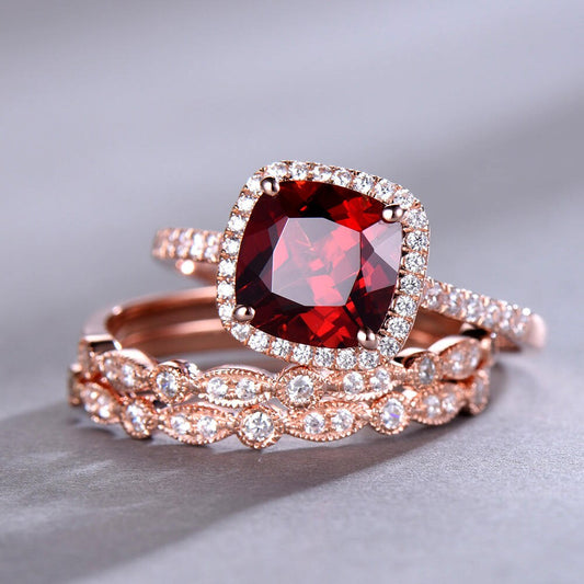 Garnet Ring Set 8mm Cushion Cut Garnet Engagement Ring Rose Gold Plated Art Deco Wedding Band Matching Band Sterling Silver Wedding Ring Set