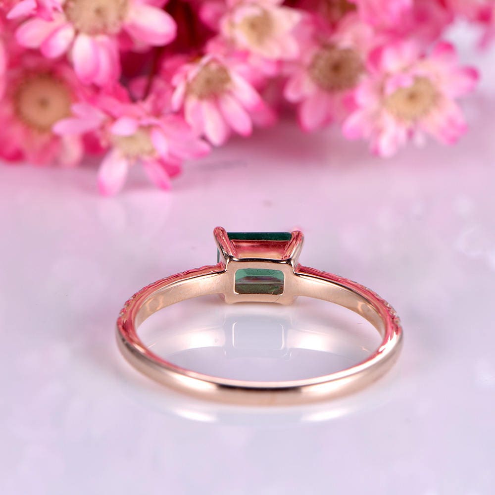 Emerald engagement ring 3x5mm emerald-cut natural emerald ring full cut real diamond wedding band gemstone 14k rose gold bridal ring