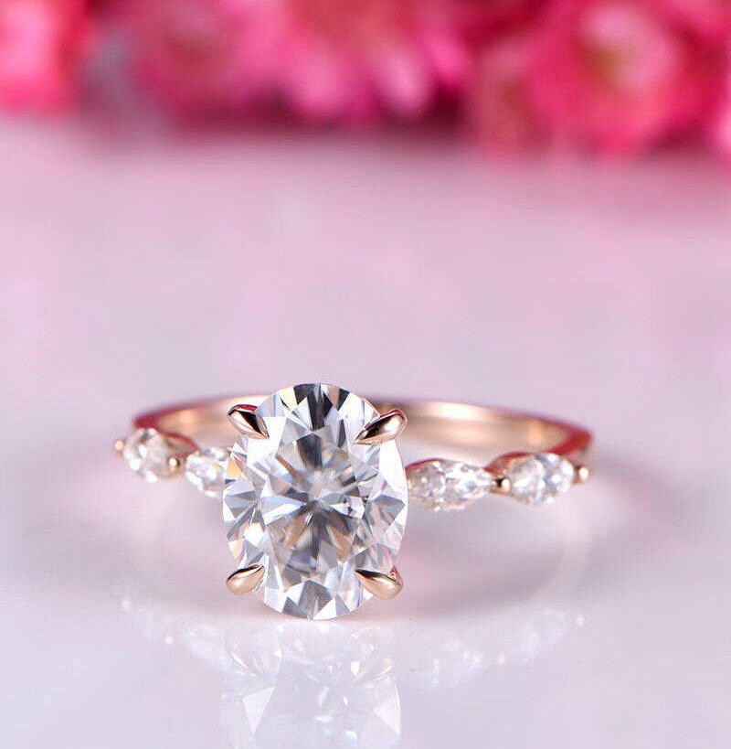 Oval moissanite engagement ring art deco moissanite wedding band women 14k yellow gold bridal ring anniversary gift custom jewelry for  her