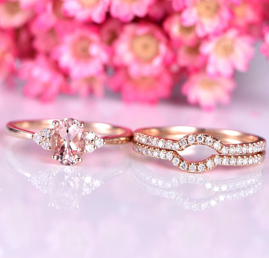 Morganite engagement ring set 5x7mm oval cut natural morganite ring real diamond matching bands solid 14k white gold bridal ring set gift