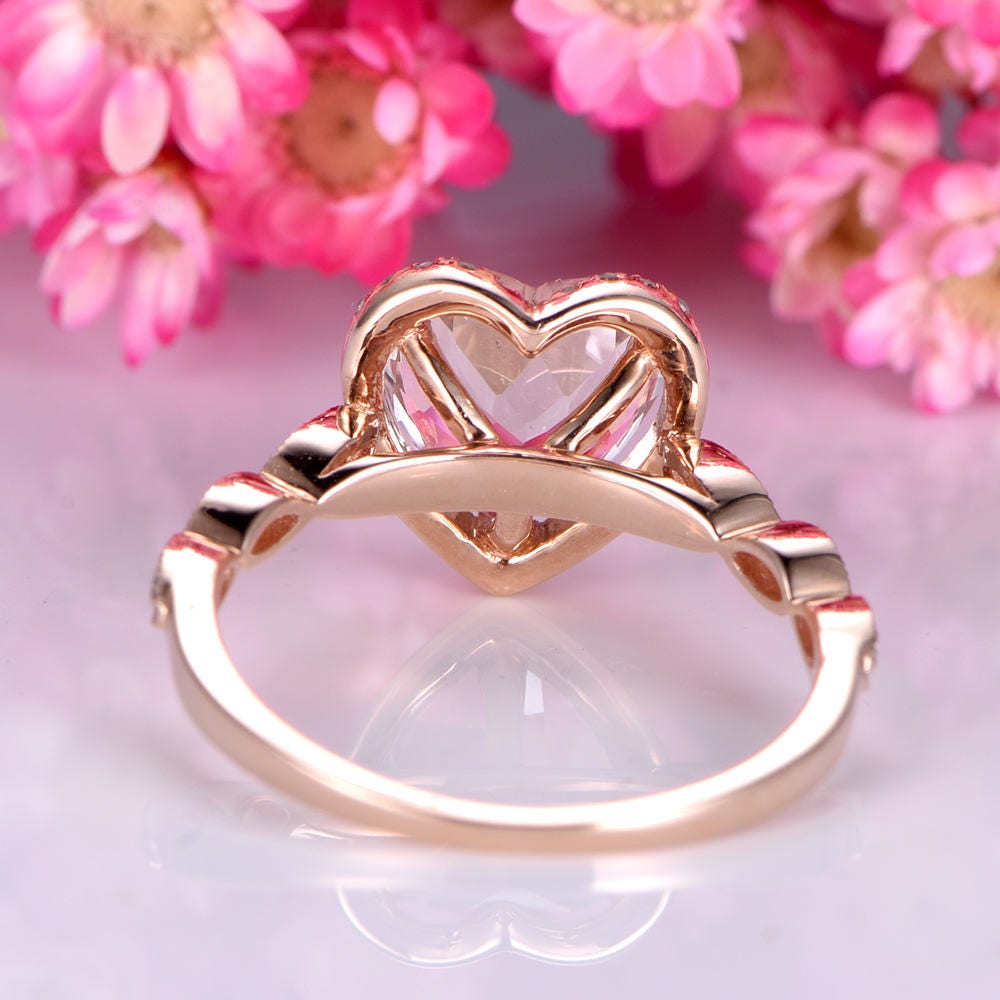 Morganite engagement ring 8mm heart pink morganite ring art deco diamond wedding band halo ring solid 14k rose gold bridal ring for women