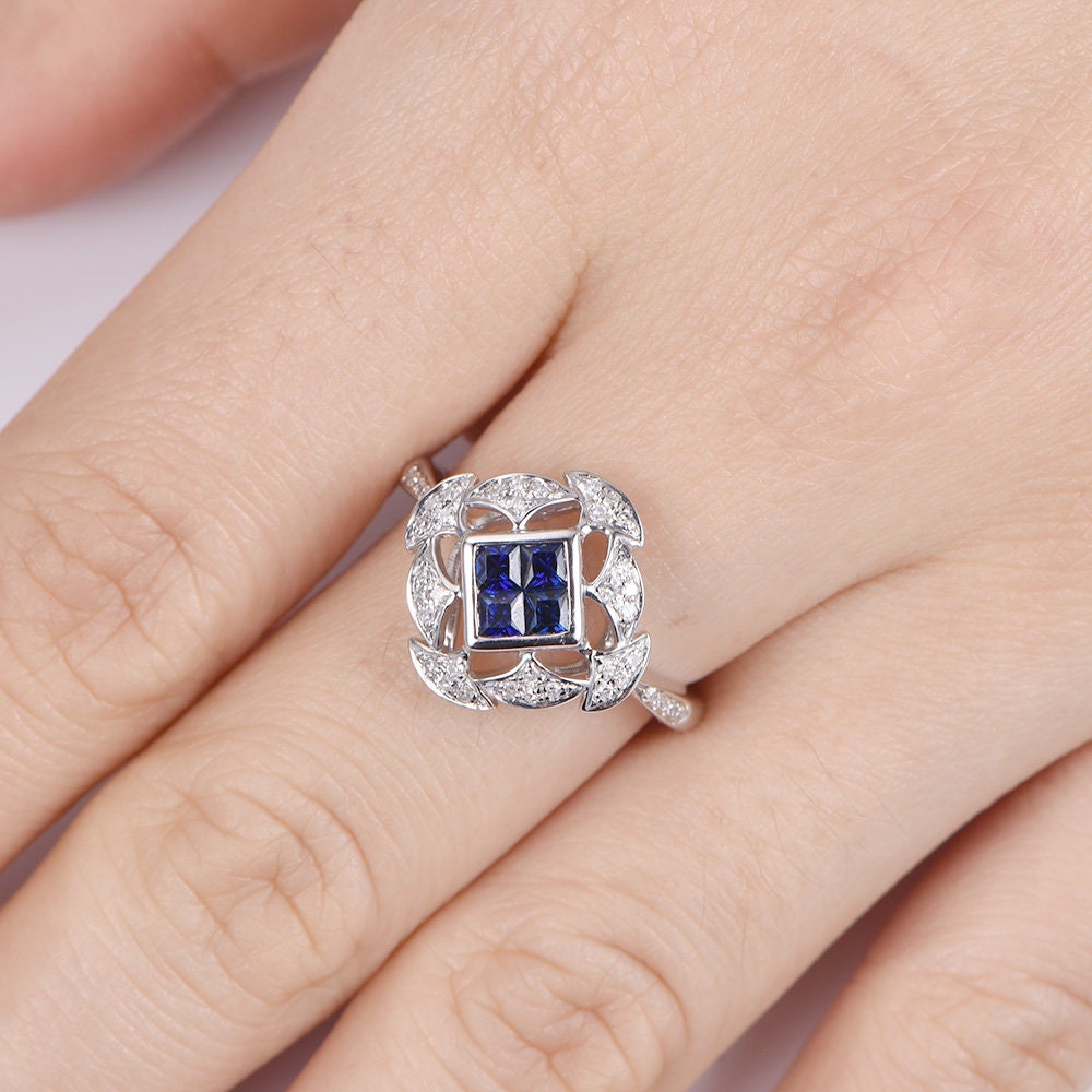 Sapphire engagement ring princess cut natural blue sapphire ring floral diamond halo diamond wedding band birthstone ring 14k white gold