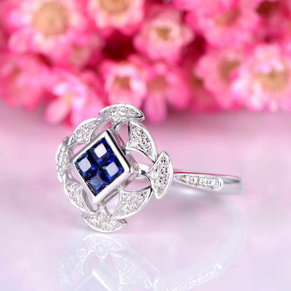 Sapphire engagement ring princess cut natural blue sapphire ring floral diamond halo diamond wedding band birthstone ring 14k white gold