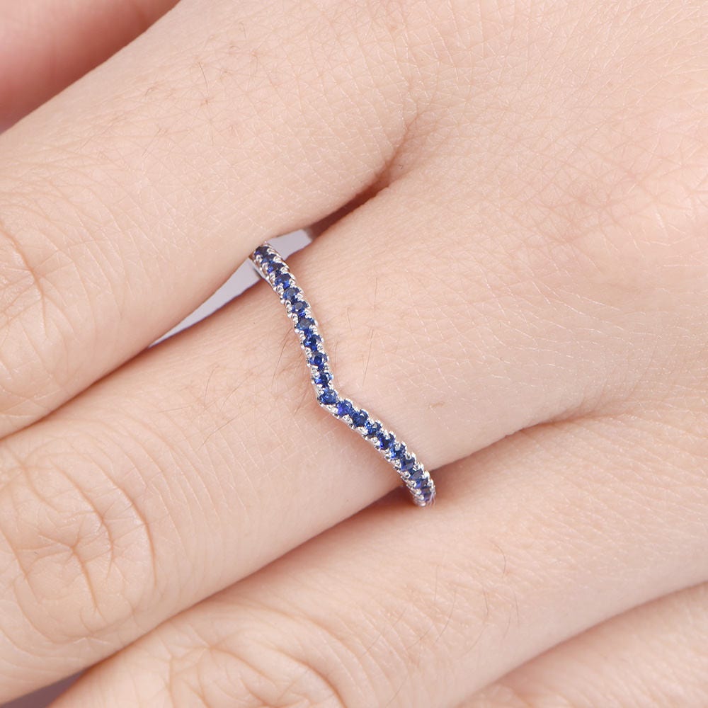 Sapphire ring sapphire wedding band V shape 14k white gold matching band natural 0.15ct gemstone bridal promise ring custom jewelry