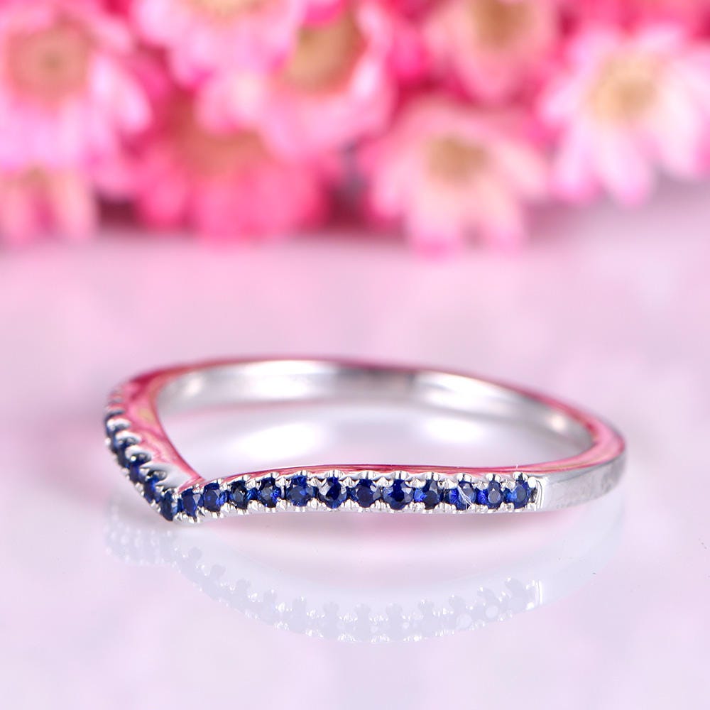 Sapphire ring sapphire wedding band V shape 14k white gold matching band natural 0.15ct gemstone bridal promise ring custom jewelry