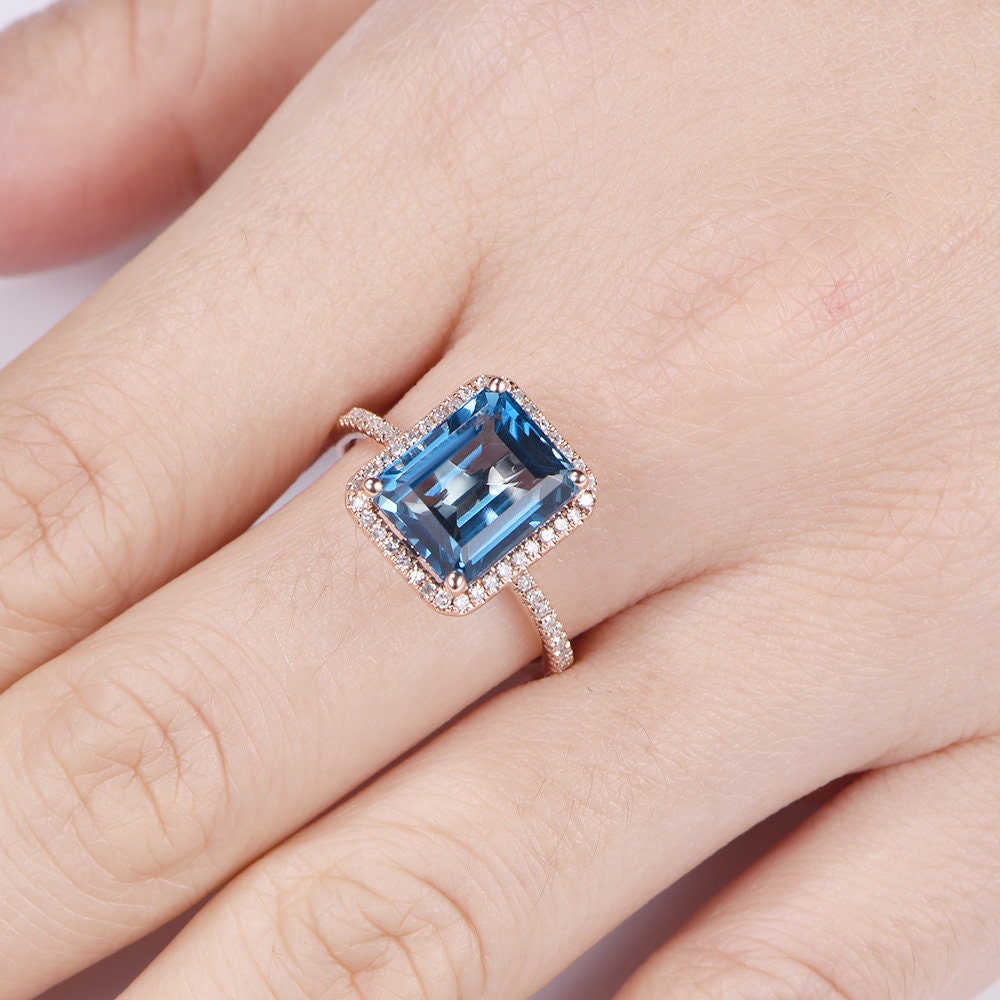 London blue topaz engagement ring 8x10mm emerald cut natural topaz ring diamond wedding band solid 14k rose gold solitare ring customized