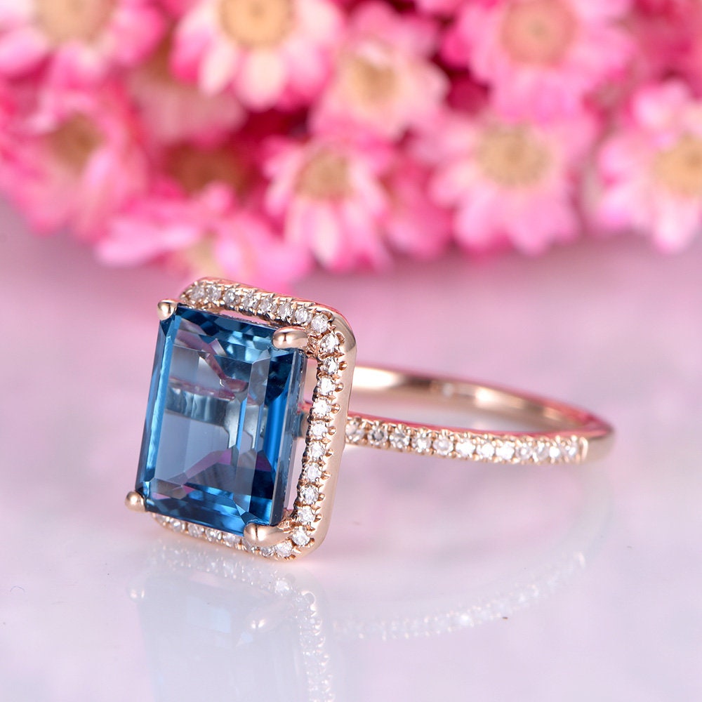 London blue topaz engagement ring 8x10mm emerald cut natural topaz ring diamond wedding band solid 14k rose gold solitare ring customized