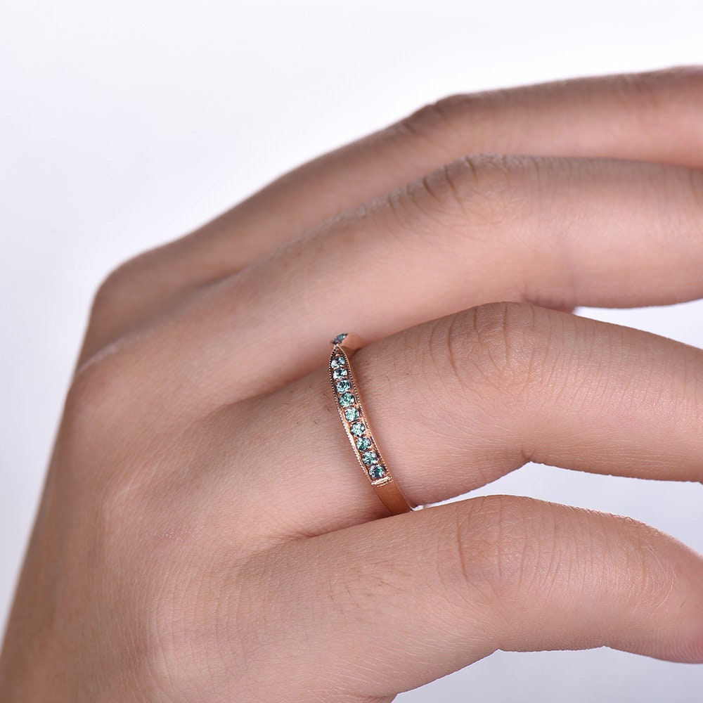 Alexandrite Ring Curve Wedding Band Chevron Ring Sterling Silver Eternity Band Stacking V Ring June Birthstone Rose Gold Plated