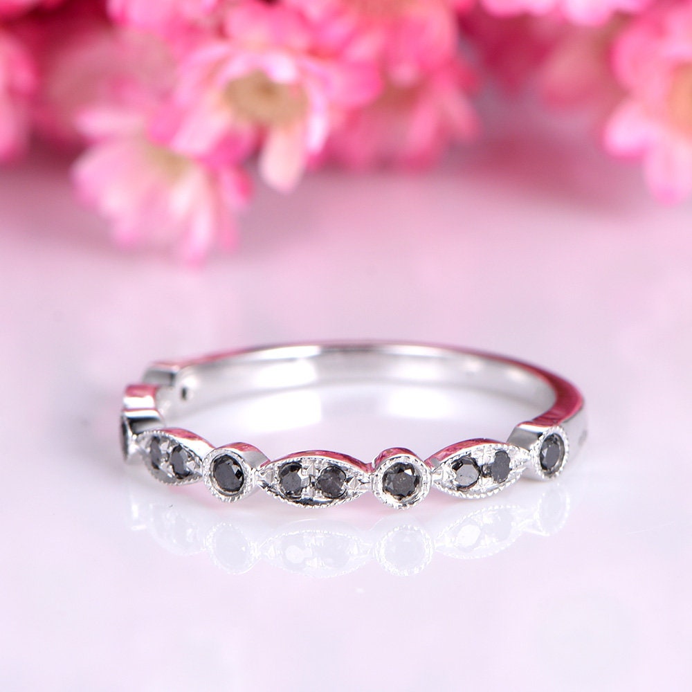 Black diamond wedding band 14k white gold natural diamond wedding ring art deco half eternity ring stacking matching band