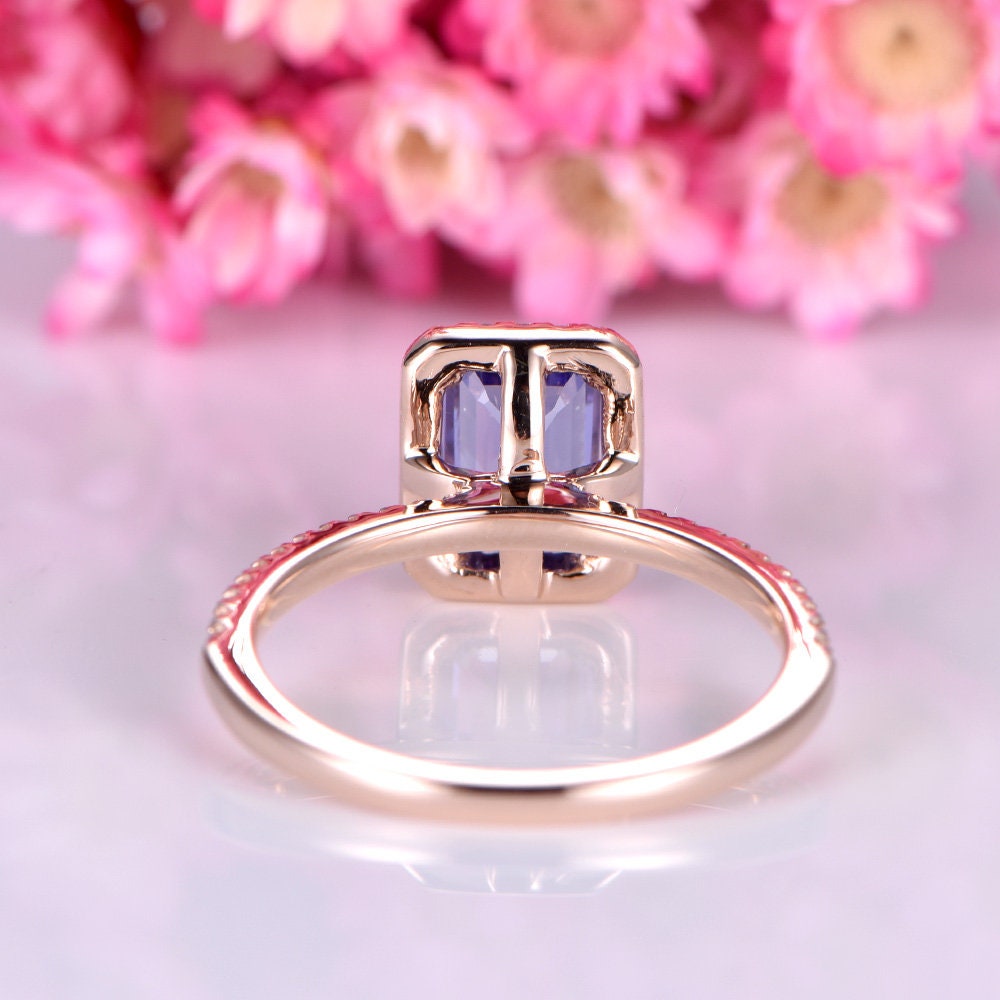 Tanzanite engegament ring rose gold 5x7mm emerald cut natural blue tanzante ring diamond ring diamond wedding band halo ring 14k/18k