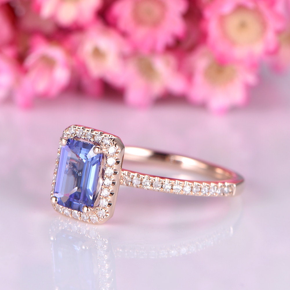 Tanzanite engegament ring rose gold 5x7mm emerald cut natural blue tanzante ring diamond ring diamond wedding band halo ring 14k/18k