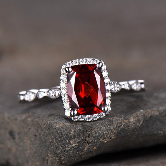 Red Garnet Ring Cushion Cut Ring Garnet Engagement Ring White Gold Plated Sterling Silver Red Gemstone Ring
