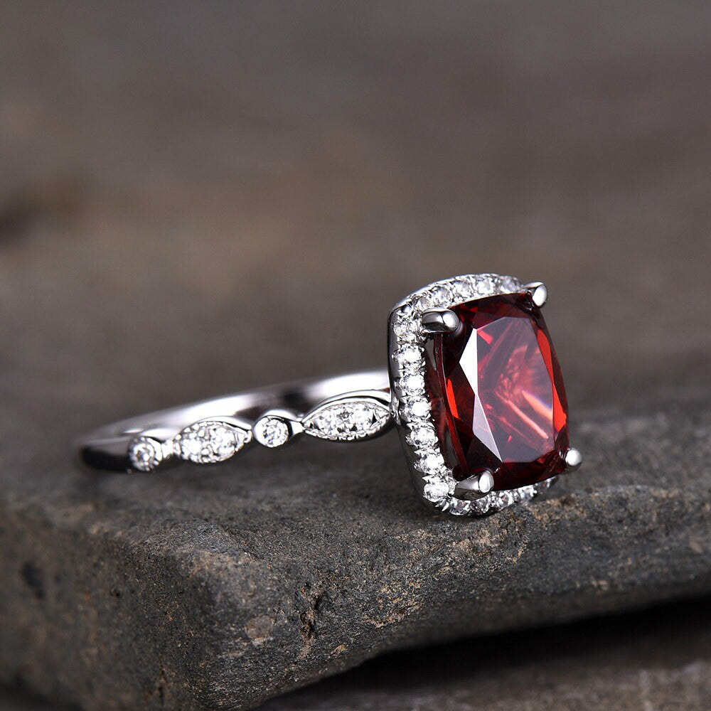 Red Garnet Ring Cushion Cut Ring Garnet Engagement Ring White Gold Plated Sterling Silver Red Gemstone Ring