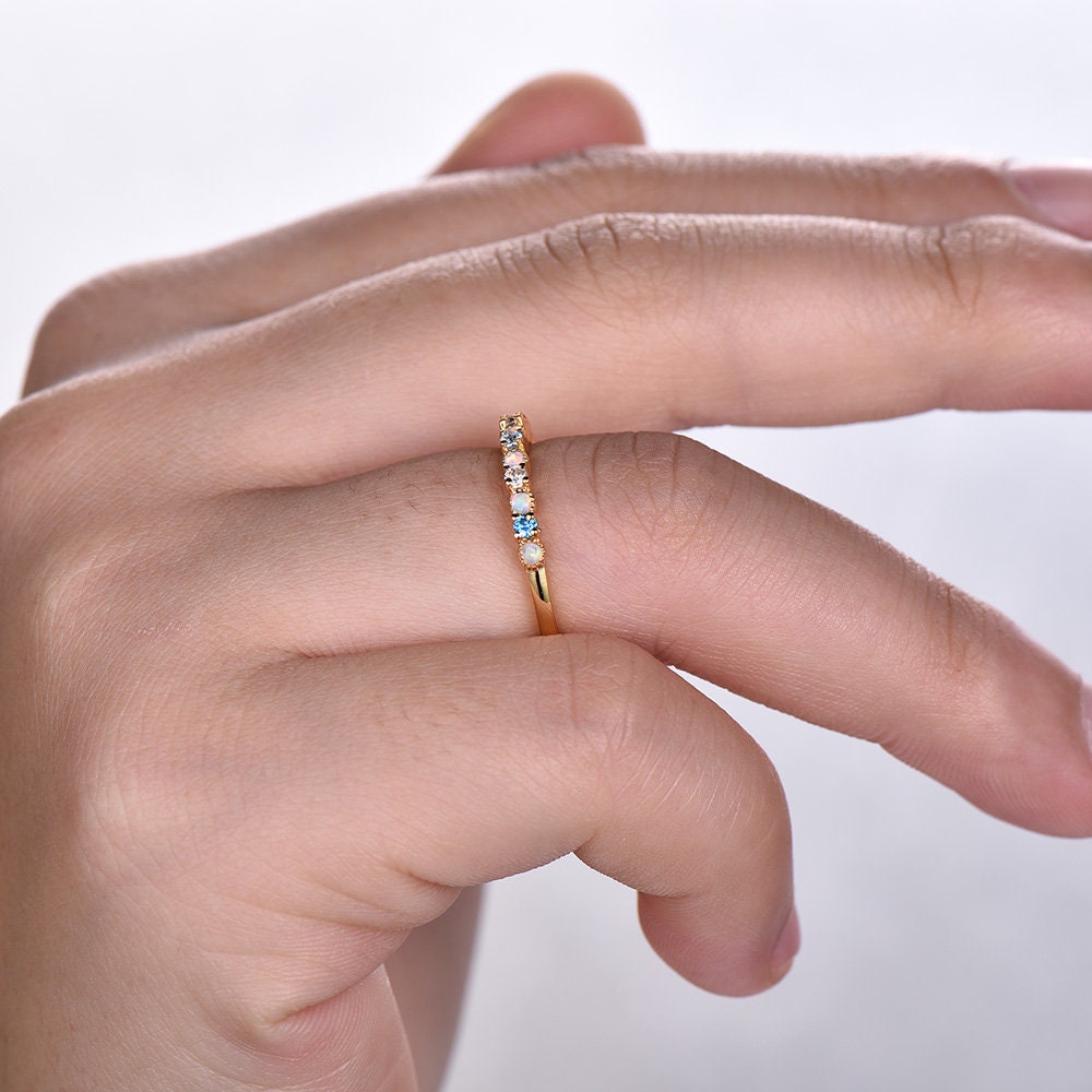 Opal Wedding Band/White Opal Ring/Blue Topaz Ring/Silver Ring Band/Yellow Gold Plated/Opal Jewelry