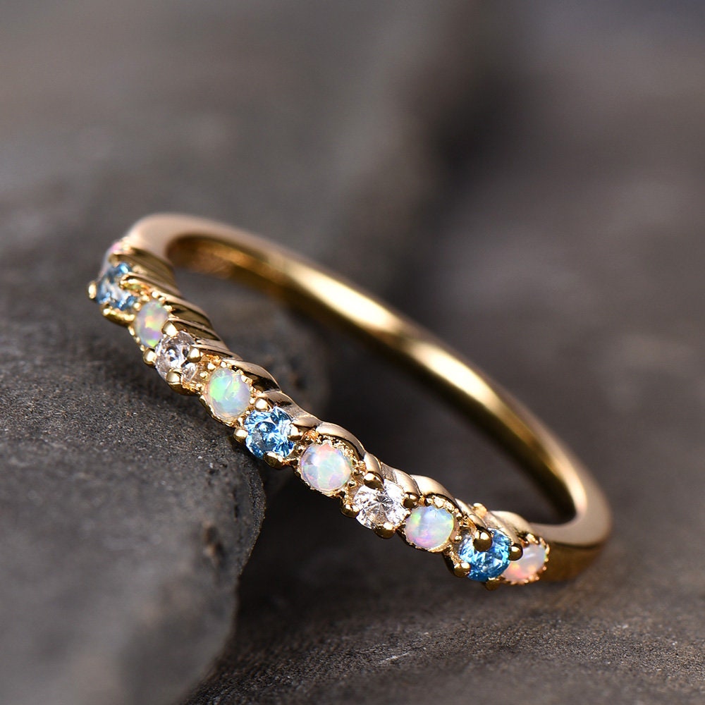 Opal Wedding Band/White Opal Ring/Blue Topaz Ring/Silver Ring Band/Yellow Gold Plated/Opal Jewelry