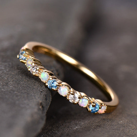 Opal Wedding Band/White Opal Ring/Blue Topaz Ring/Silver Ring Band/Yellow Gold Plated/Opal Jewelry