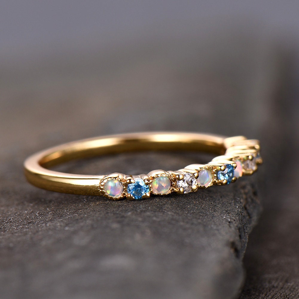 Opal Wedding Band/White Opal Ring/Blue Topaz Ring/Silver Ring Band/Yellow Gold Plated/Opal Jewelry