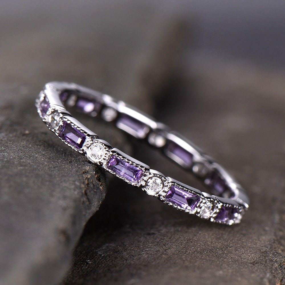 Amethyst Wedding Ring Amethyst Ring Full Eternity Ring 925 Sterling silver White Gold Plated February Birthstone Ring Purple Gemstone