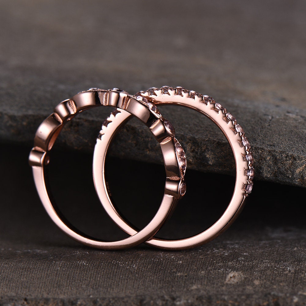 Morganite Wedding Ring Set,Wedding Ring,Morganite Wedding Band,Half Eternity Morganite Wedding Band, Silver Rose Gold Plated,Stacking Ring