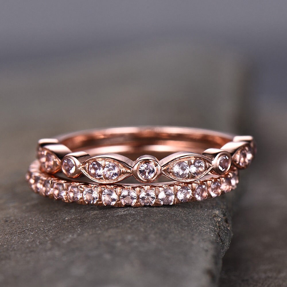 Morganite Wedding Ring Set,Wedding Ring,Morganite Wedding Band,Half Eternity Morganite Wedding Band, Silver Rose Gold Plated,Stacking Ring
