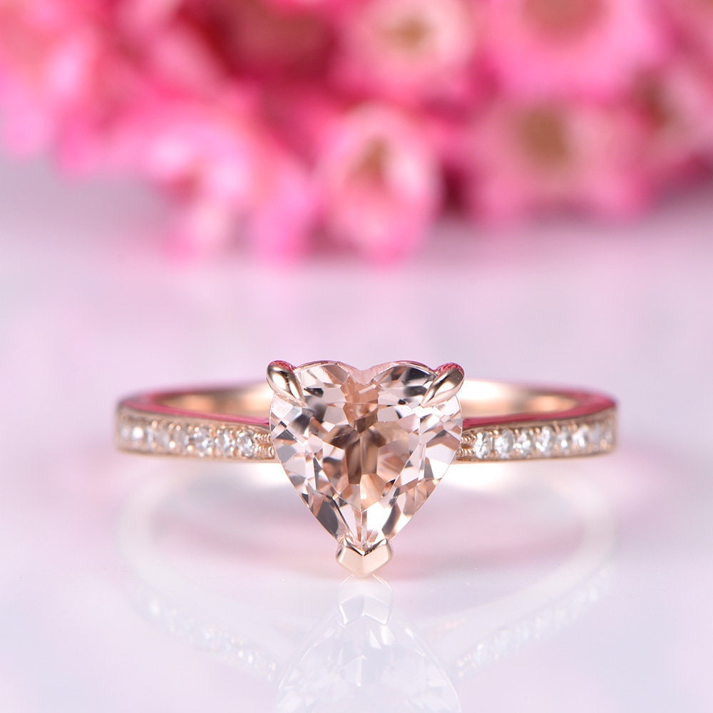 Morganite engagement ring rose gold 7mm heart shaped natural pink morganite ring diamond wedding band channel set 14k 18k available