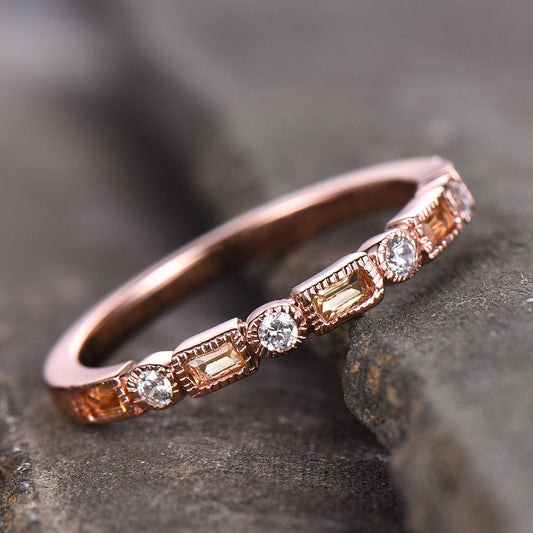 Citrine Wedding Band,Half Eternity Citrine Ring,Stacking Matching Band,Baguette Citrine Wedding Band,November Birthstone Ring, Gift for Her