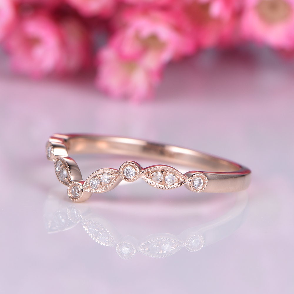 Diamond wedding band 14k rose gold art deco diamond matching band curved shape stacking band natural conflict free stone customized