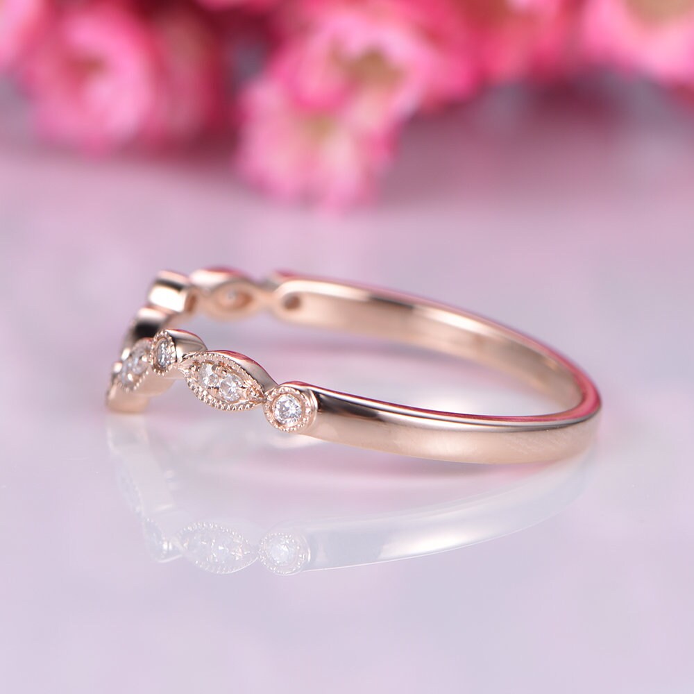 Diamond wedding band 14k rose gold art deco diamond matching band curved shape stacking band natural conflict free stone customized