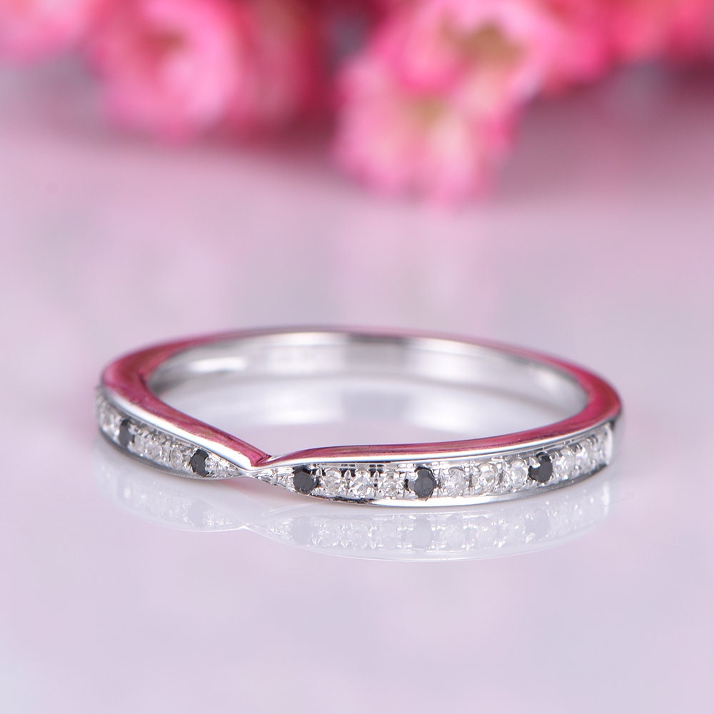 Black diamond wedding band white gold half eternity ring natural diamond and black matching stacking ring solid 14k anniversary ring