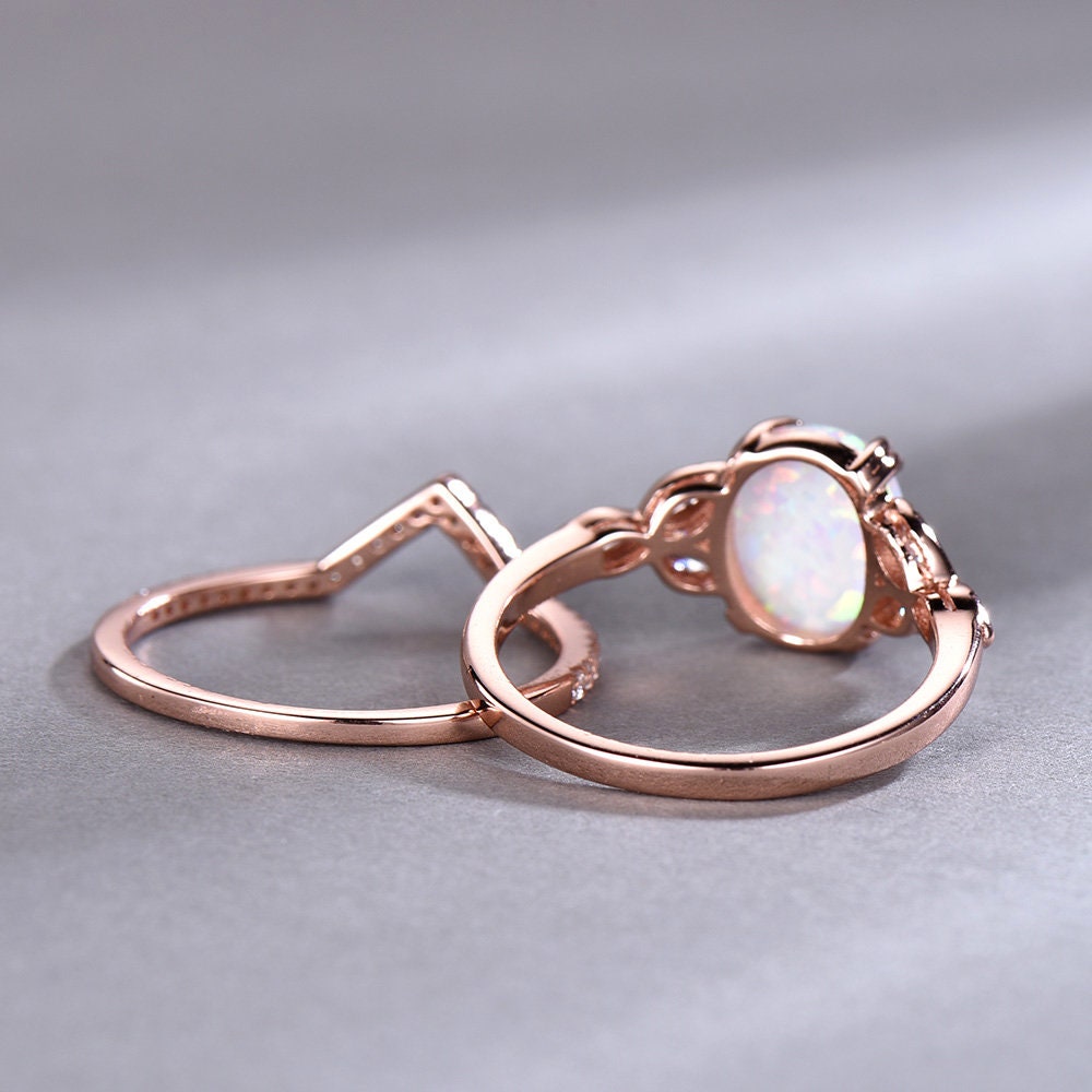 Opal Wedding Ring Set Opal Ring White Fire Opal Floral Engagment Ring Rose Gold Plated Unique Curve Wedding Band Silver Bridal Ring Set