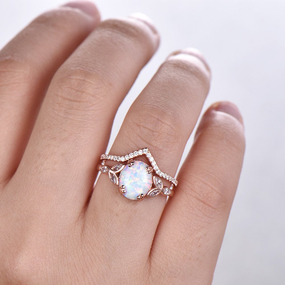 Opal Wedding Ring Set Opal Ring White Fire Opal Floral Engagment Ring Rose Gold Plated Unique Curve Wedding Band Silver Bridal Ring Set